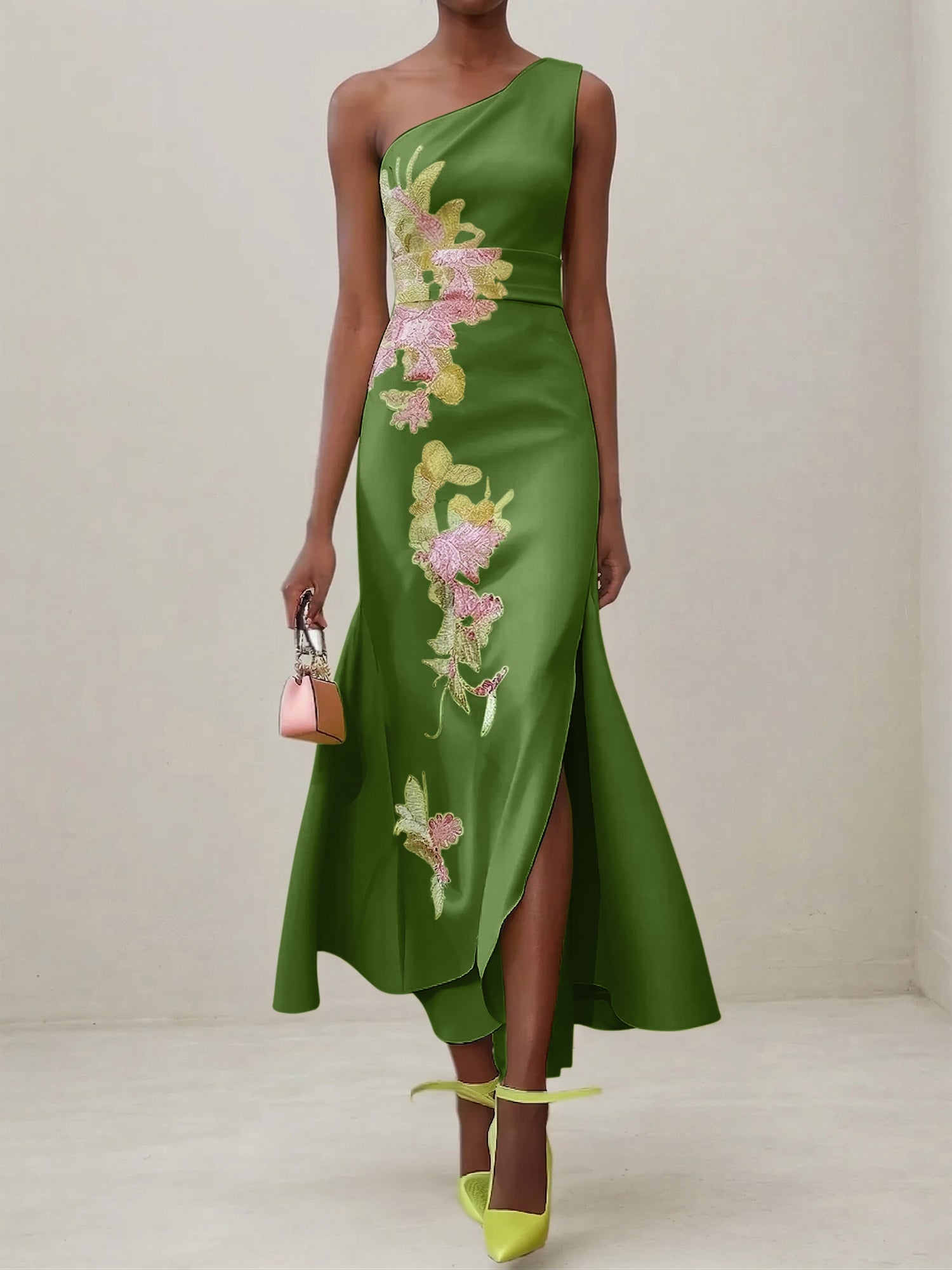 Green Floral One Shoulder Embroidered Cap Sleeve Slit Sheath Maxi Dress