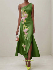 Green Floral One Shoulder Embroidered Cap Sleeve Slit Sheath Maxi Dress