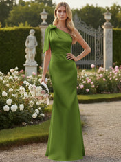 Light Blue One Shoulder Satin Sheath Long Bridesmaid Dresses