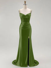 Sparkly Satin Mermaid Long Corset Prom Dress with Beading