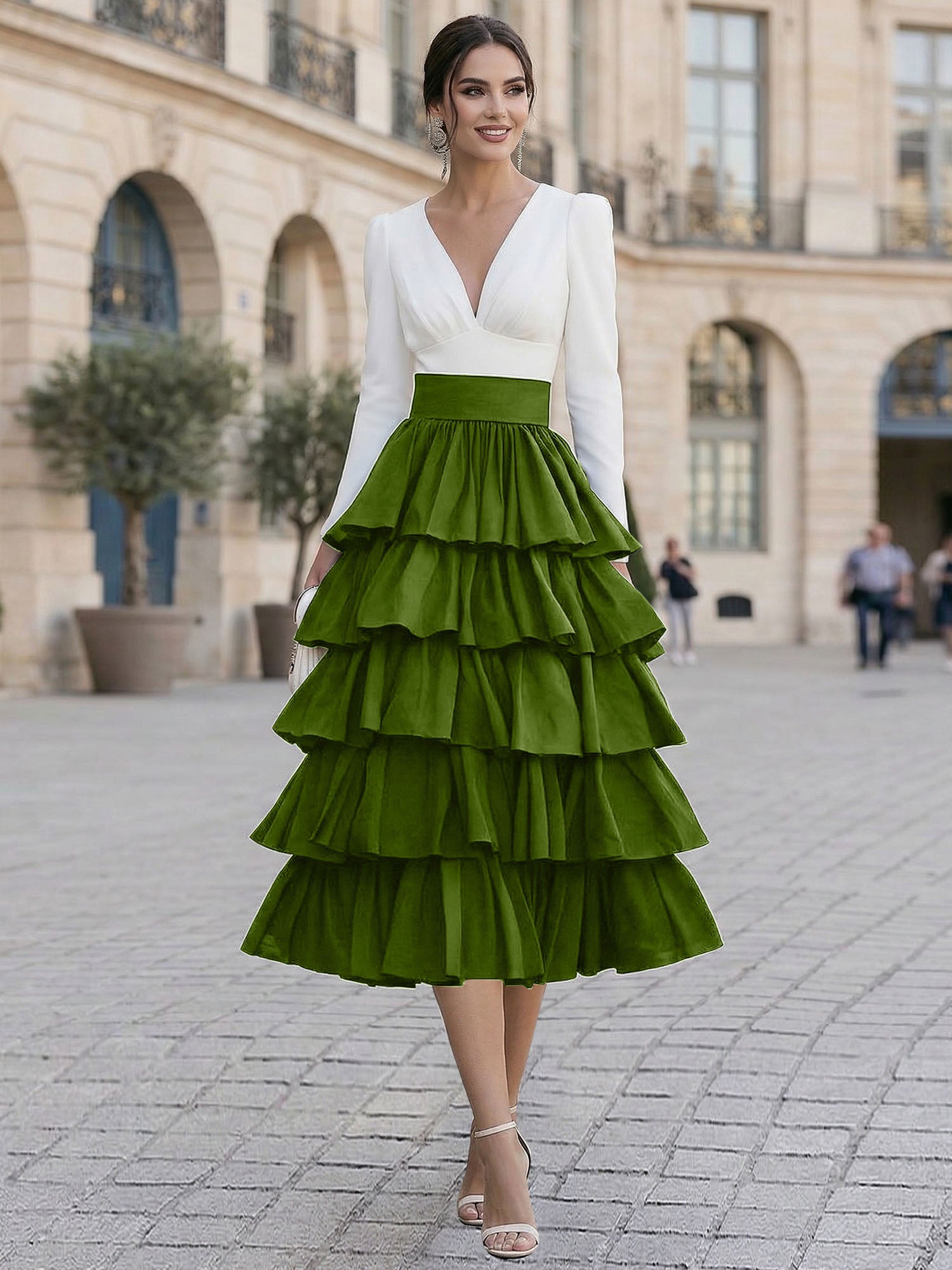 Chic Formal Evening Gown Monochrome V-Neck Tiered Ruffle Midi Dress