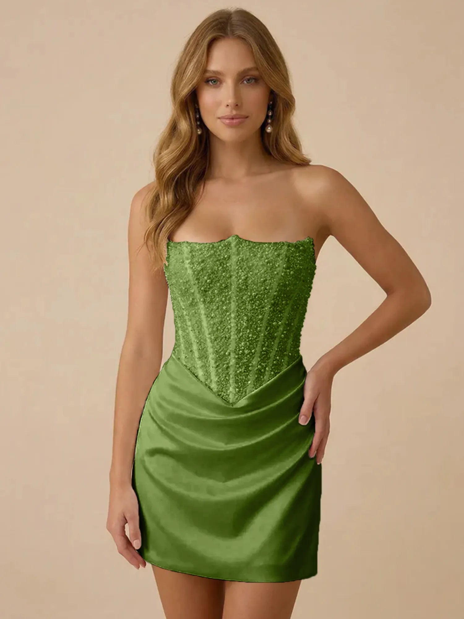 White Strapless Sequin Beaded Satin Short Homecoming Dress with Corset