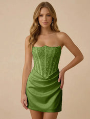 White Strapless Sequin Beaded Satin Short Homecoming Dress with Corset