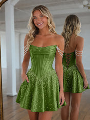 Strapless Pearl Draped Corset A-Line Short Homecoming Dresses