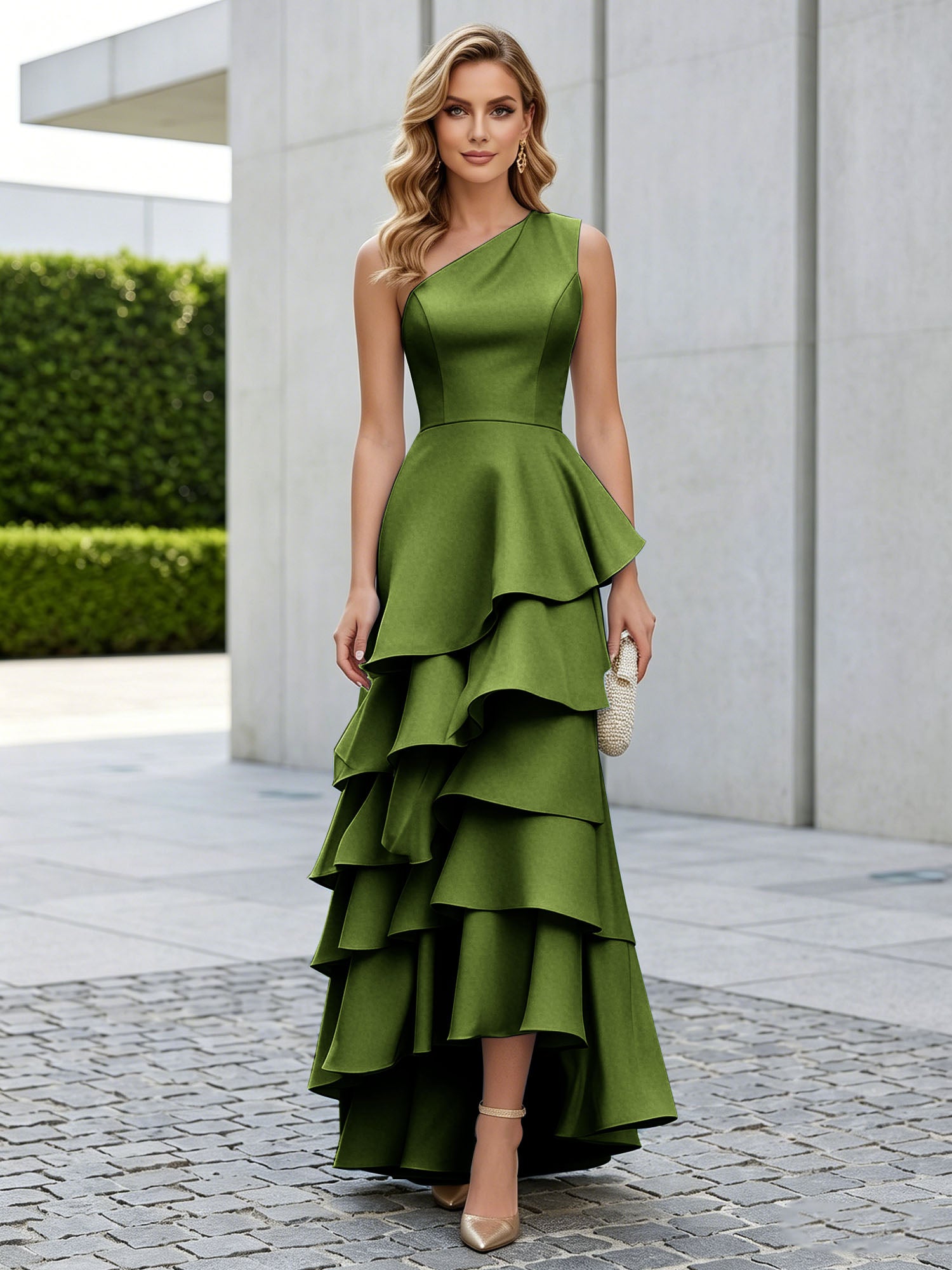 One Shoulder Tiered Ruffle Satin Mermaid Evening Gown with Sculptural Layers