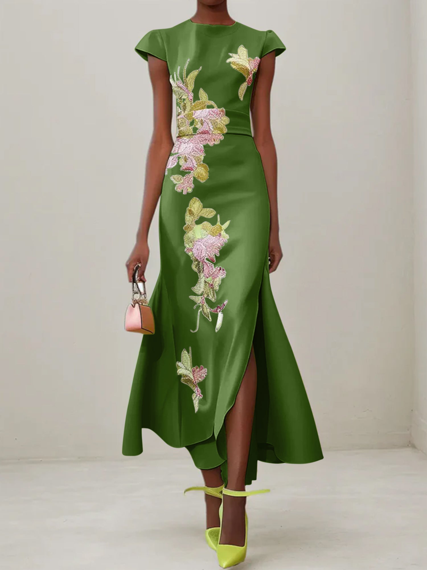 Green Floral Embroidered Cap Sleeve Slit Sheath Maxi Dress