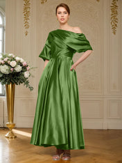 A-line Short Sleeves Pleated Ankle-Length Silk like Satin Mother of the Bride Dress