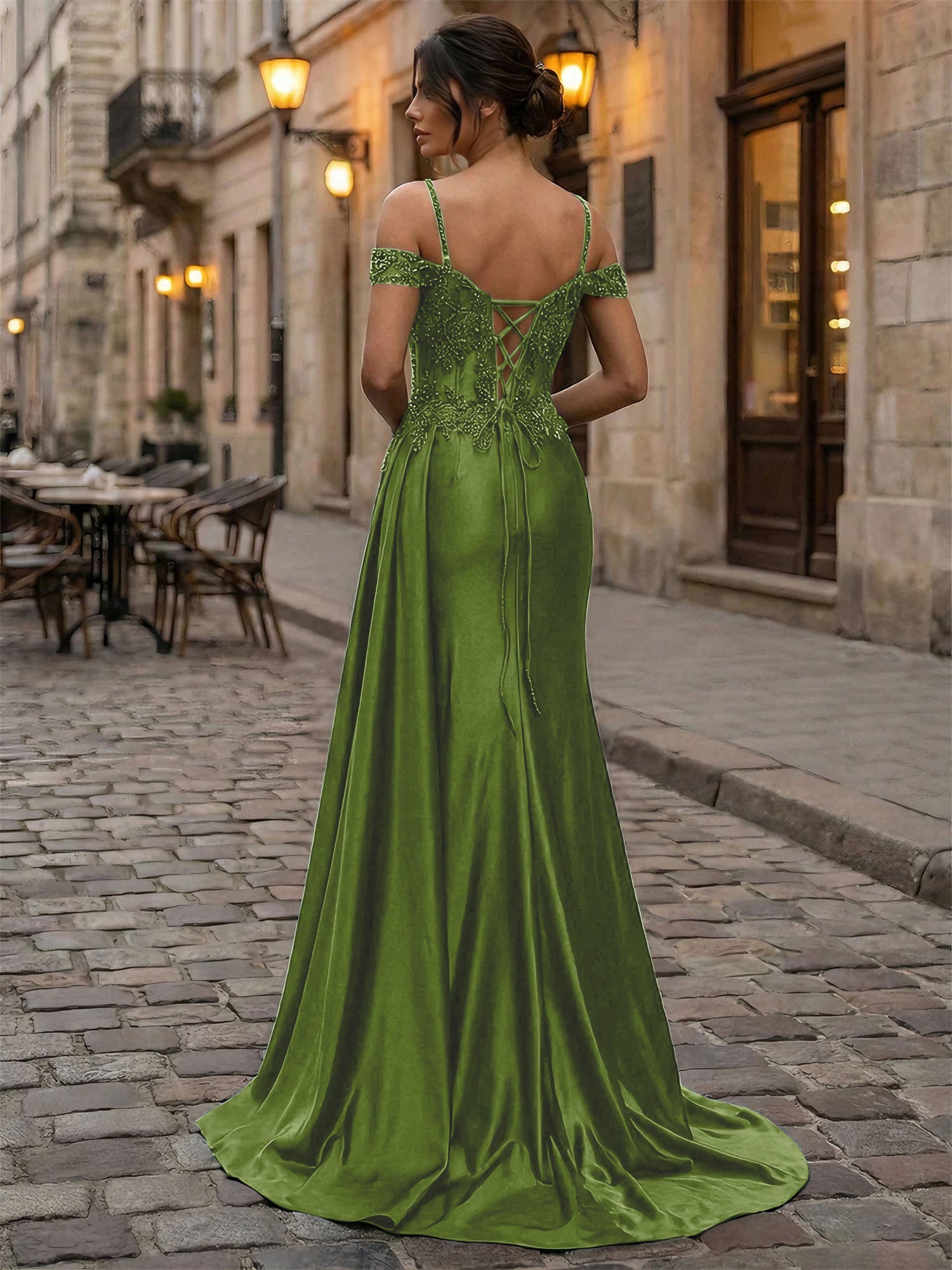Emerald Green Beaded Corset Satin Long Prom Dress