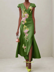 Green Floral V Neck Embroidered Cap Sleeve Slit Sheath Maxi Dress
