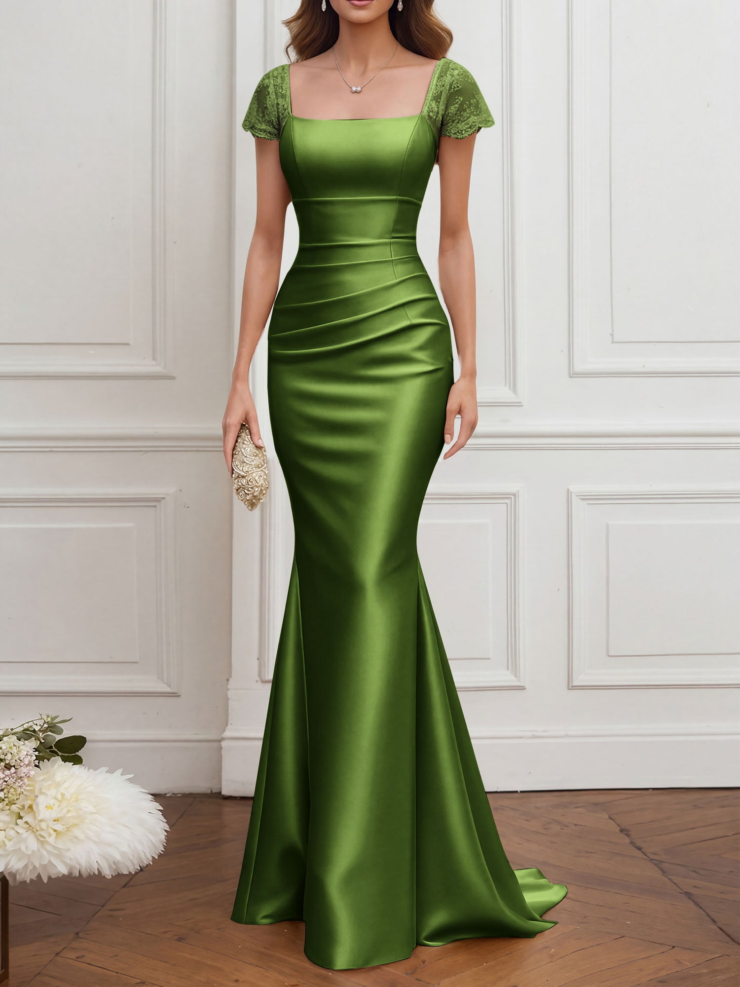 Mother of the Bride Dress Champagne Satin Square Neck Maxi Dress
