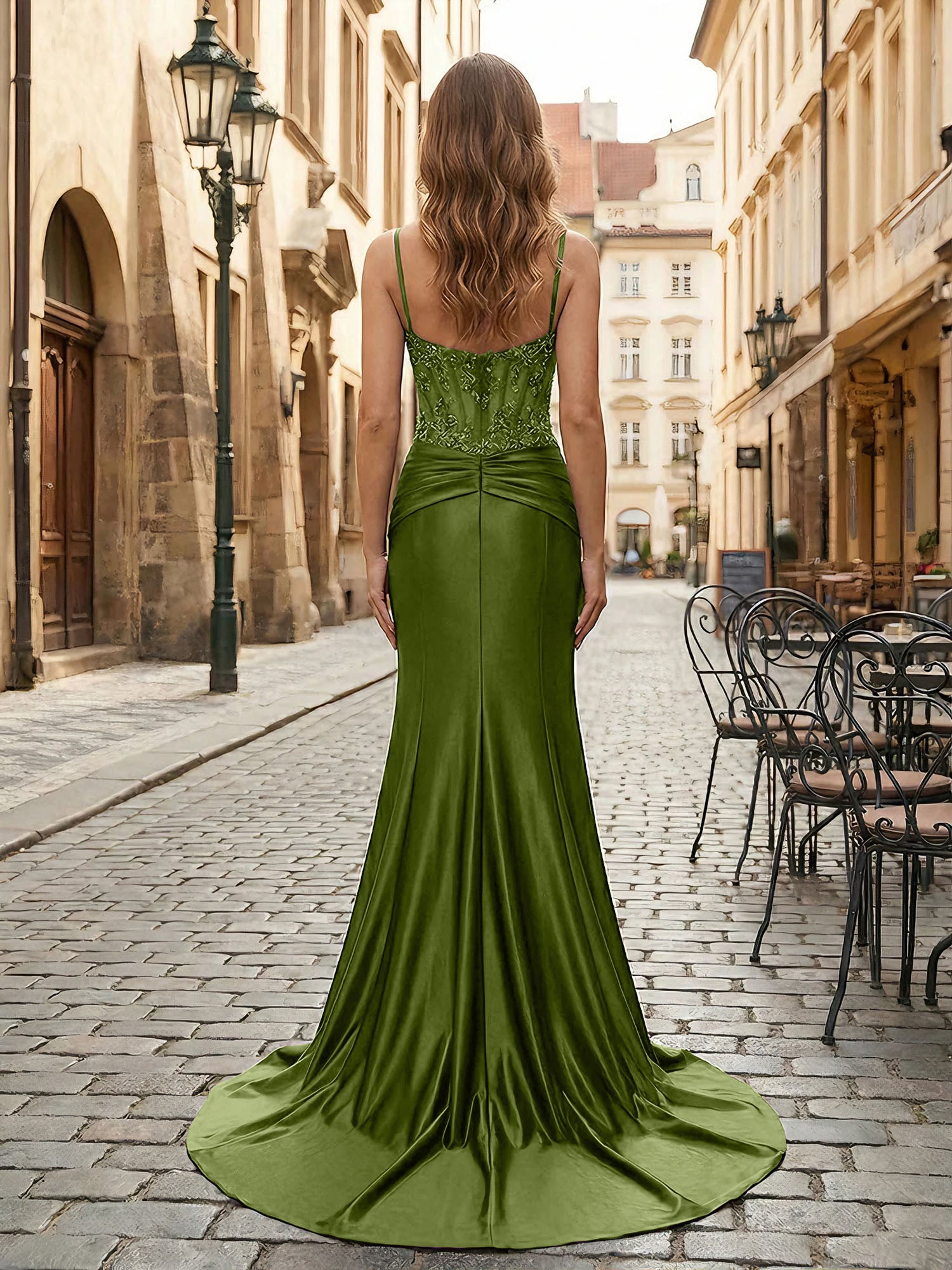 Purple Mermaid Spaghetti Straps Satin Long Corset Appliqued Prom Dress