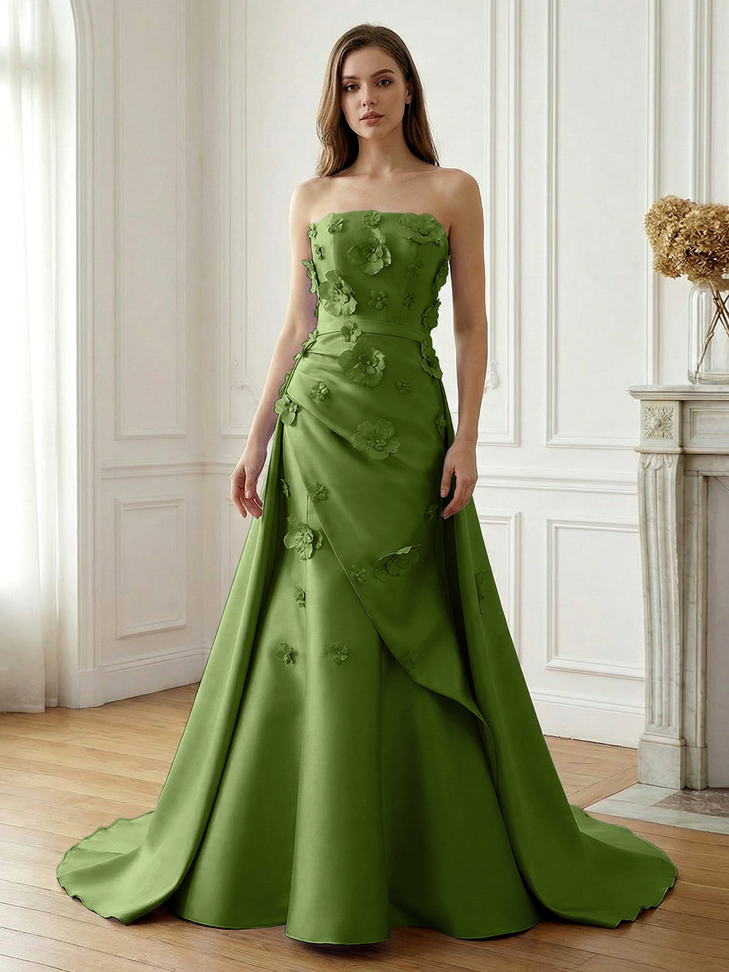 Lavender Satin 3D Floral Strapless A-Line Gown