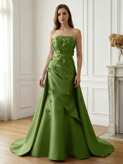 Lavender Satin 3D Floral Strapless A-Line Gown