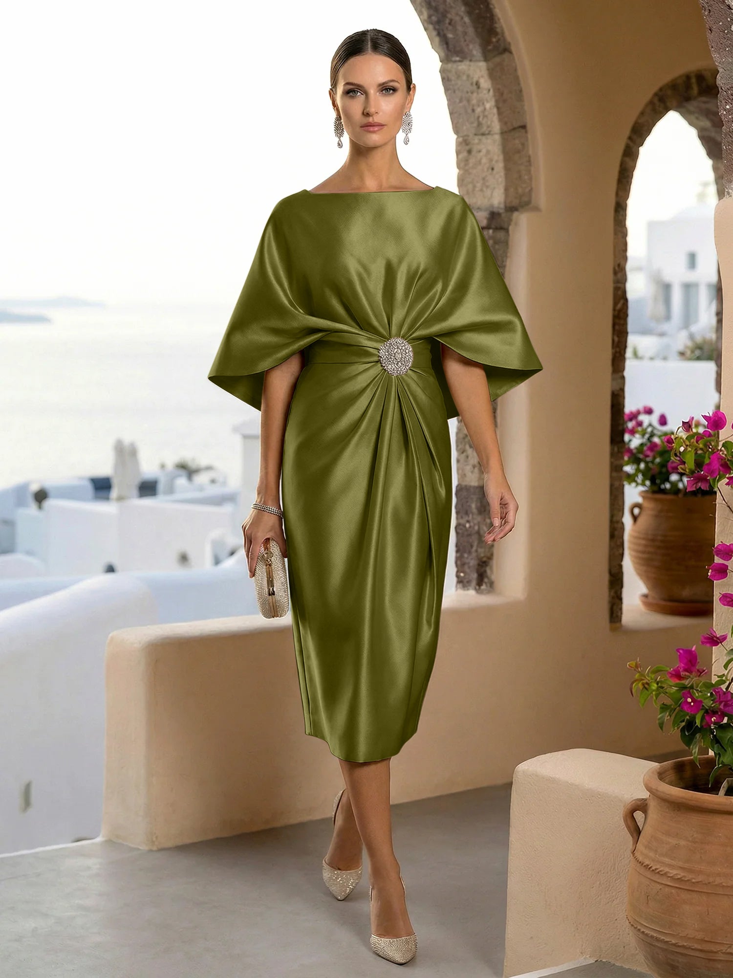 Half Sleeves Mermaid Satin Tea Length Long Evening Dresses with 3D Flower