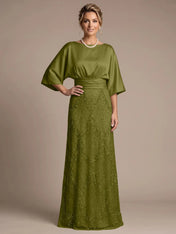 Bateau Neck Satin Evening Gown with 3/4 Batwing Sleeves Mother of The Bride Dresses