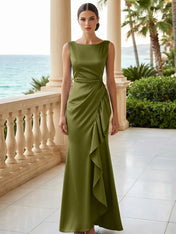 Dusty Blue Scoop Neck Evening Dress with Ruffle Mermaid Maxi Dress