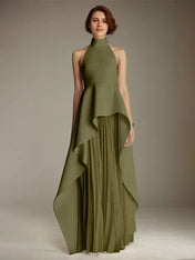 White Sleeveless High Neck Chiffon Long Formal Dress With Ruffles