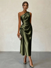 Champagne Ruched Satin One Shoulder Sleeveless Sheath Midi Dress