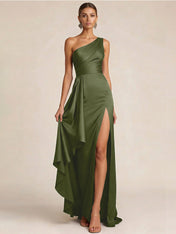 Sleek Foraml Evening Gown Midnight Navy One-Shoulder Satin Slit Maxi Dress