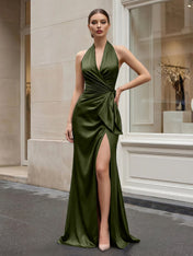 Navy Blue Halter V-Neck Satin Gown with Side Knot and High Slit Evening Dress