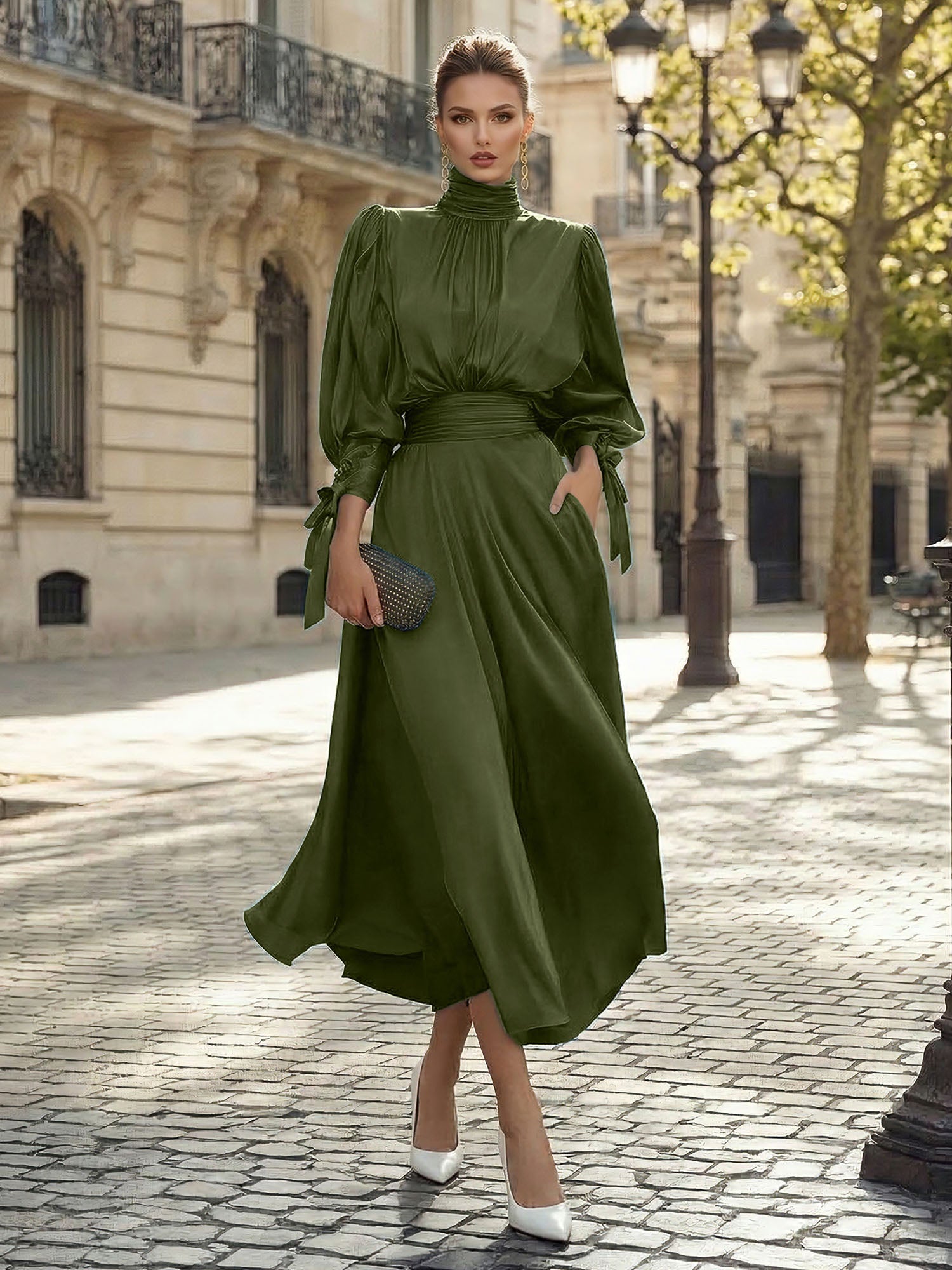 Sophisticated Emerald Green Satin High-Neck Midi Dress Gown