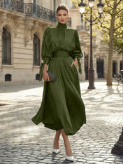 Sophisticated Emerald Green Satin High-Neck Midi Dress Gown