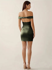 Off-The-Shoulder Ruched Satin Mini Homecoming Dress
