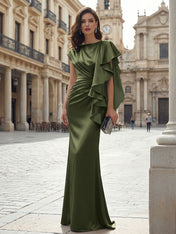 Elegant Formal Evening Dress Moonlight Silver Asymmetrical Ruffle Satin Gown