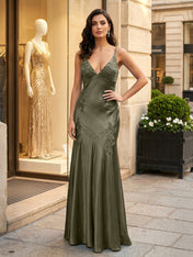 Green Appliques Soft Satin Long Prom Party Dress