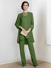 Tailleur-pantalon en mousseline à manches longues pour mère de la mariée avec veste 