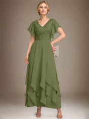 A-line V-Neck Ankle-Length Lace Chiffon Mother of the Bride Dress With Cascading Ruffles