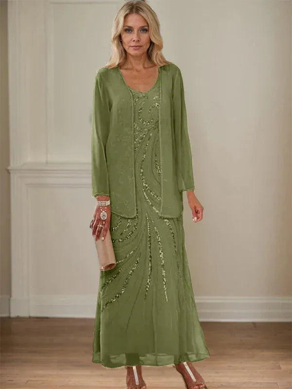 Robe de mère de la mariée fourreau/colonne, col en V, longueur cheville, avec veste et paillettes 