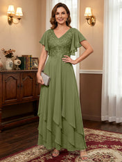 A-line V-Neck Ankle-Length Lace Chiffon Mother of the Bride Dress With Cascading Ruffles