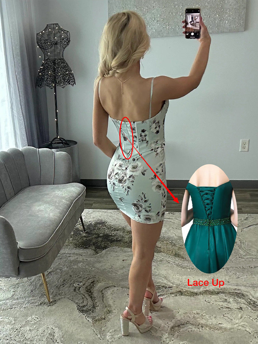 Olive Green Spaghetti Straps Flower Pattern Tight Homecoming Dress