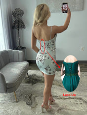 Olive Green Spaghetti Straps Flower Pattern Tight Homecoming Dress