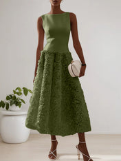 White 3D Floral Boat Neck A-Line Midi Dress