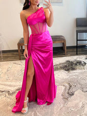 One-Shoulder Corset Bodice Prom Dress with High Slit