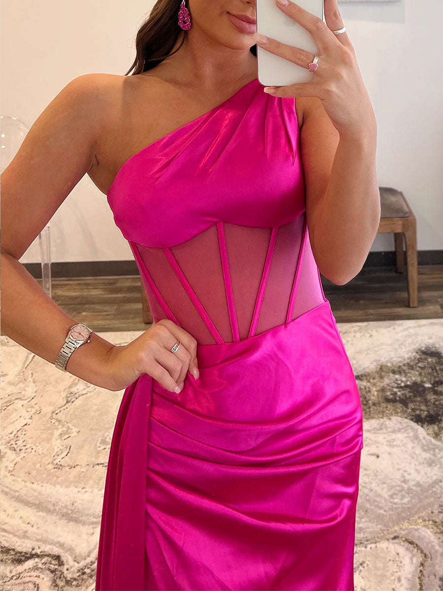 One-Shoulder Corset Bodice Prom Dress with High Slit