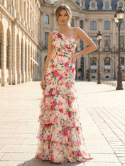 One-Shoulder Floral Tiered Ruffle Long Prom Dress