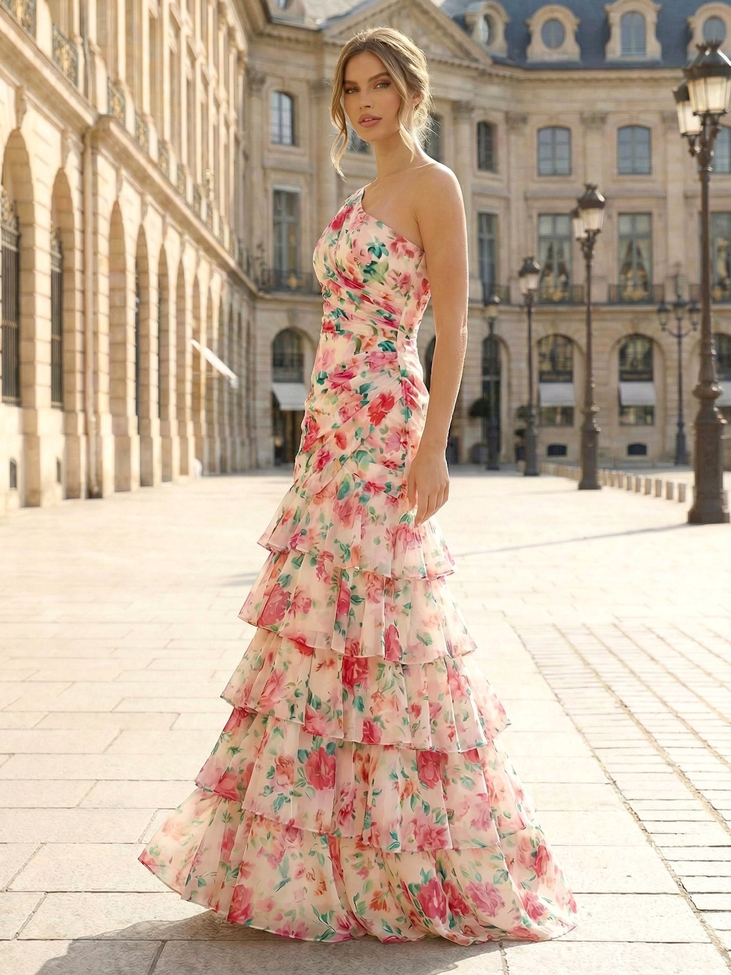 One-Shoulder Floral Tiered Ruffle Long Prom Dress