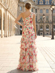 One-Shoulder Floral Tiered Ruffle Long Prom Dress