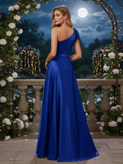 One-Shoulder Long Satin Formal Dress with Slit