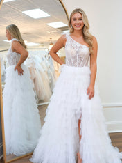 One-Shoulder Sheer Lace Corset Tiered Tulle Prom Dress