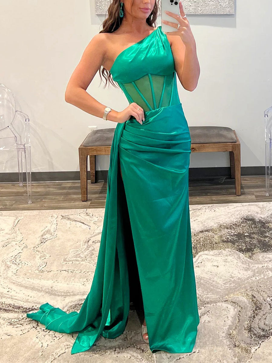 One-Shoulder Corset Bodice Prom Dress with High Slit