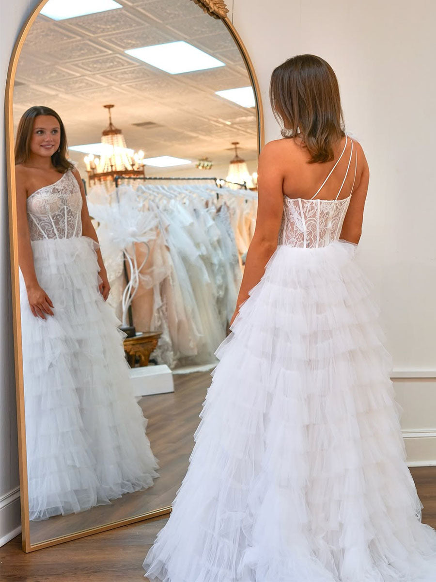 One-Shoulder Sheer Lace Corset Tiered Tulle Prom Dress
