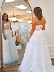 One-Shoulder Sheer Lace Corset Tiered Tulle Prom Dress