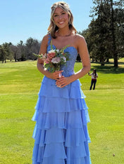 One Shoulder A-Line Empire-Waist Tiered Chiffon Prom Dress