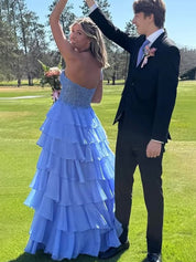 One Shoulder A-Line Empire-Waist Tiered Chiffon Prom Dress