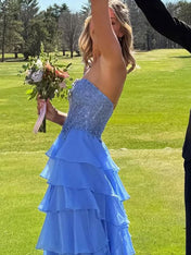 One Shoulder A-Line Empire-Waist Tiered Chiffon Prom Dress