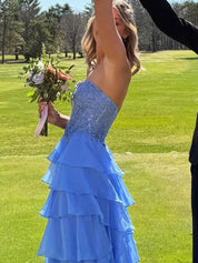 One Shoulder A-Line Empire-Waist Tiered Chiffon Prom Dress